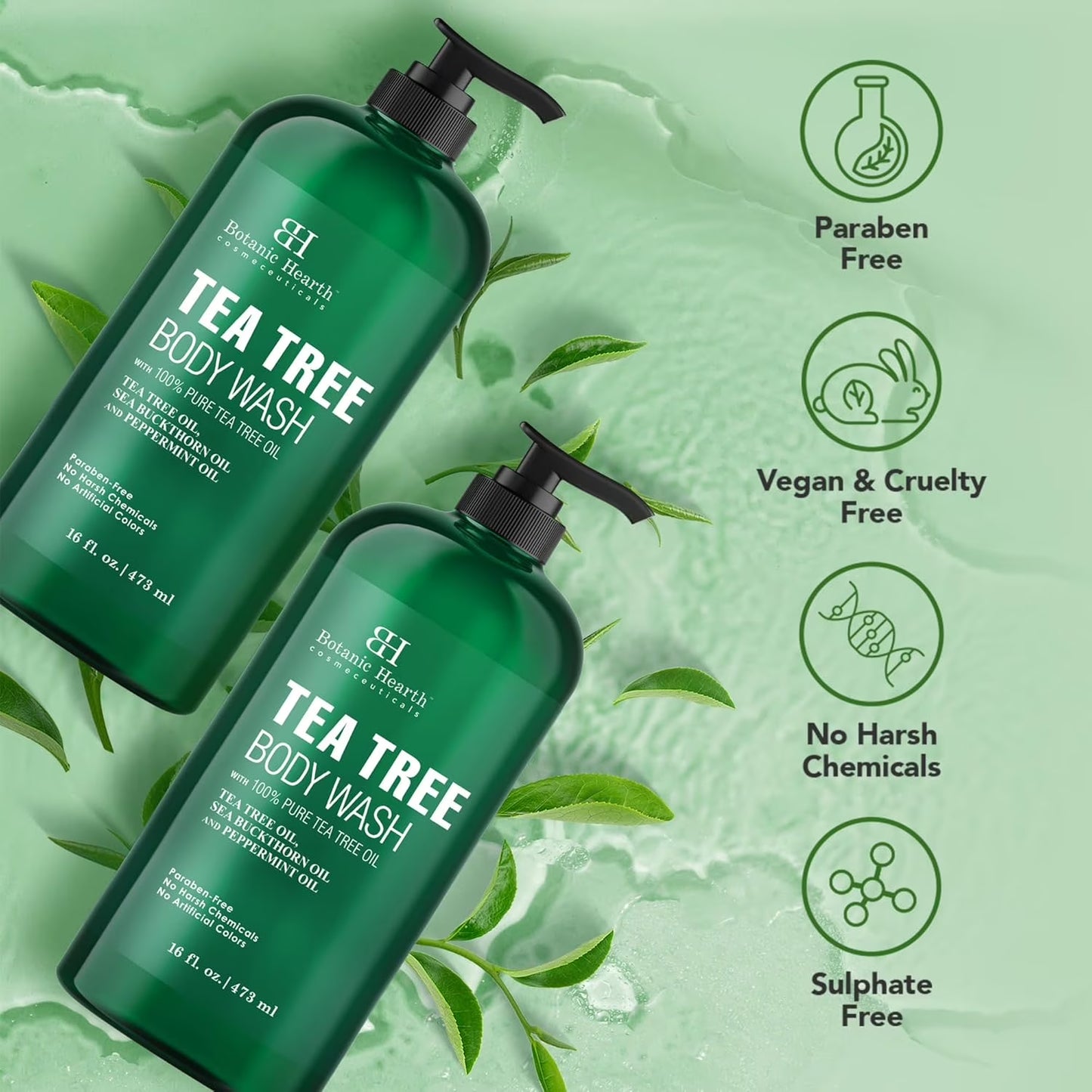 Tea Tree Body Wash for Dry Itchy Skin, Antifungal Body Wash with Tea Tree Oil, Sulfate & Paraben Free, 16 Fl Oz, Pack of 2