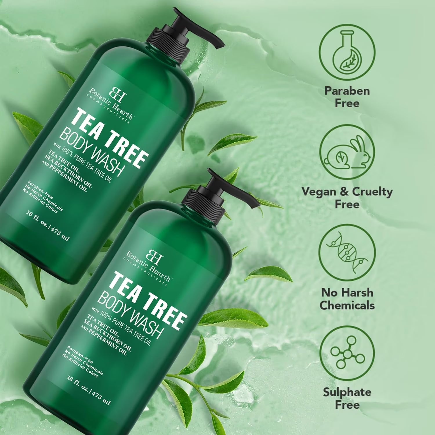 Tea Tree Body Wash for Dry Itchy Skin, Antifungal Body Wash with Tea Tree Oil, Sulfate & Paraben Free, 16 Fl Oz, Pack of 2