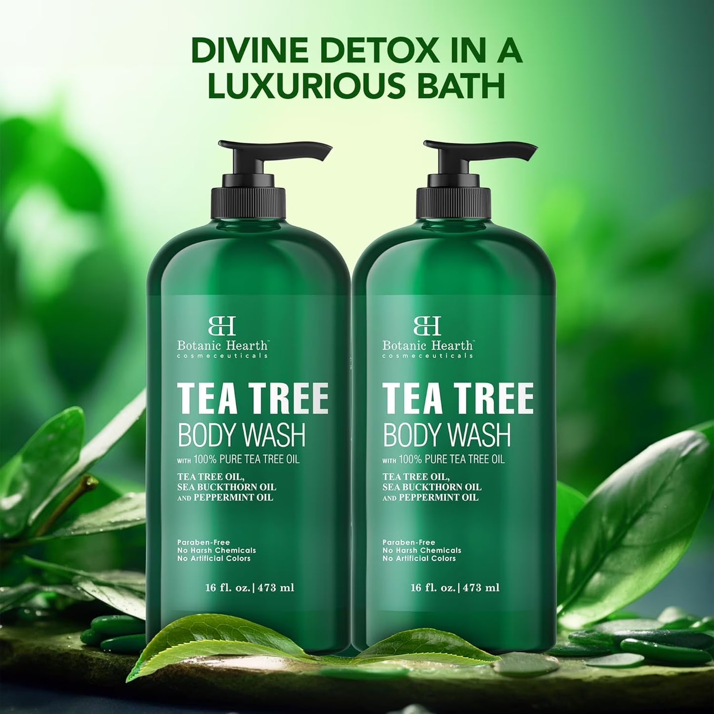 Tea Tree Body Wash for Dry Itchy Skin, Antifungal Body Wash with Tea Tree Oil, Sulfate & Paraben Free, 16 Fl Oz, Pack of 2