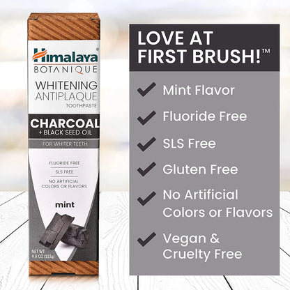 Botanique Whitening Antiplaque Toothpaste, Mint Flavor with Charcoal & Black Seed Oil, 4 Oz, 2 Pack