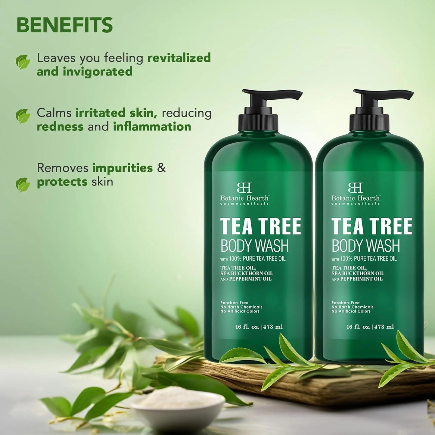 Tea Tree Body Wash for Dry Itchy Skin, Antifungal Body Wash with Tea Tree Oil, Sulfate & Paraben Free, 16 Fl Oz, Pack of 2