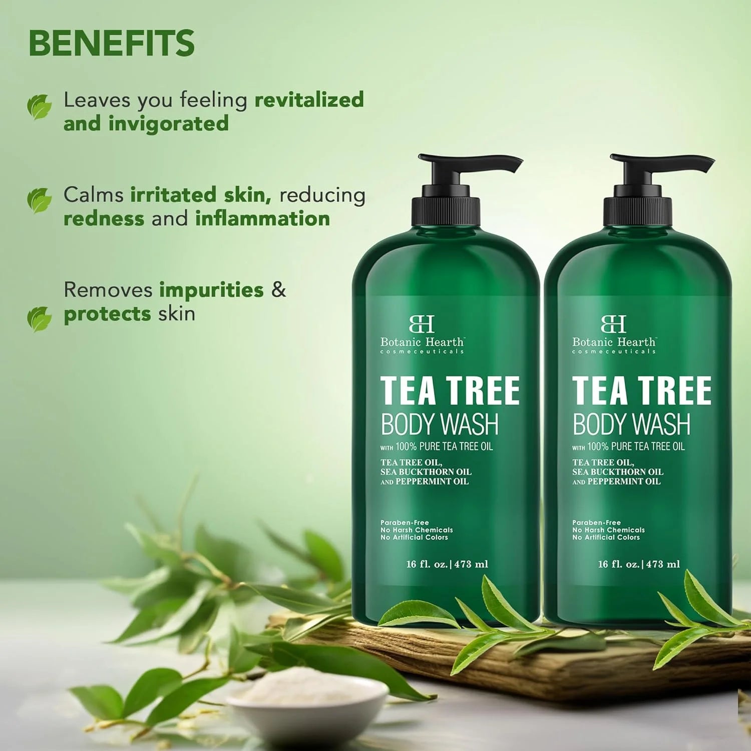Tea Tree Body Wash for Dry Itchy Skin, Antifungal Body Wash with Tea Tree Oil, Sulfate & Paraben Free, 16 Fl Oz, Pack of 2